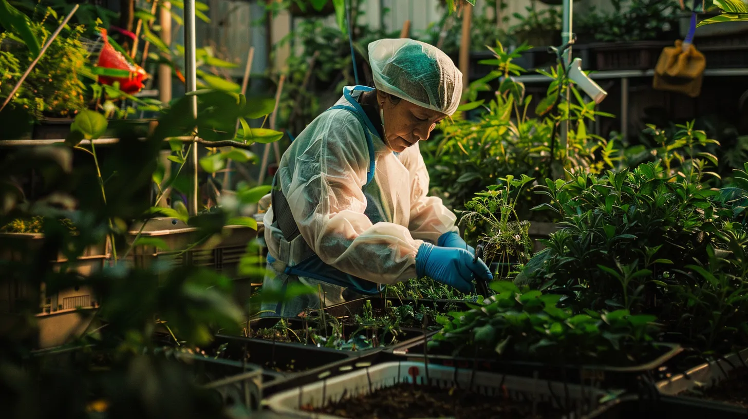 a focused gardener, clad in vibrant protective gear, carefully inspects a well-organized array of gleaming gardening tools under the warm, dappled sunlight filtering through lush greenery, conveying a sense of safety and dedication to best gardening practices.