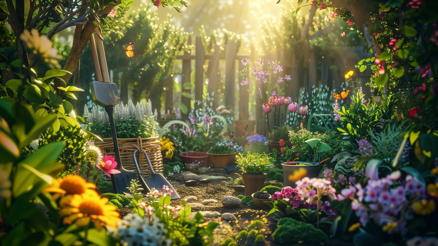 a vibrant garden scene featuring an array of essential eco-friendly gardening tools, nestled among lush greenery and blooming flowers, illuminated by warm sunlight, symbolizing abundance and sustainability in the gardening experience.