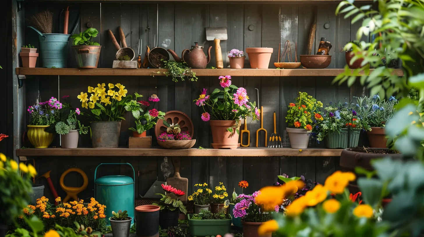 a vibrant garden bursting with lush greenery and colorful blooms showcases a collection of specialized ergonomic gardening tools strategically arranged, epitomizing efficiency and the artistry of modern gardening practices.
