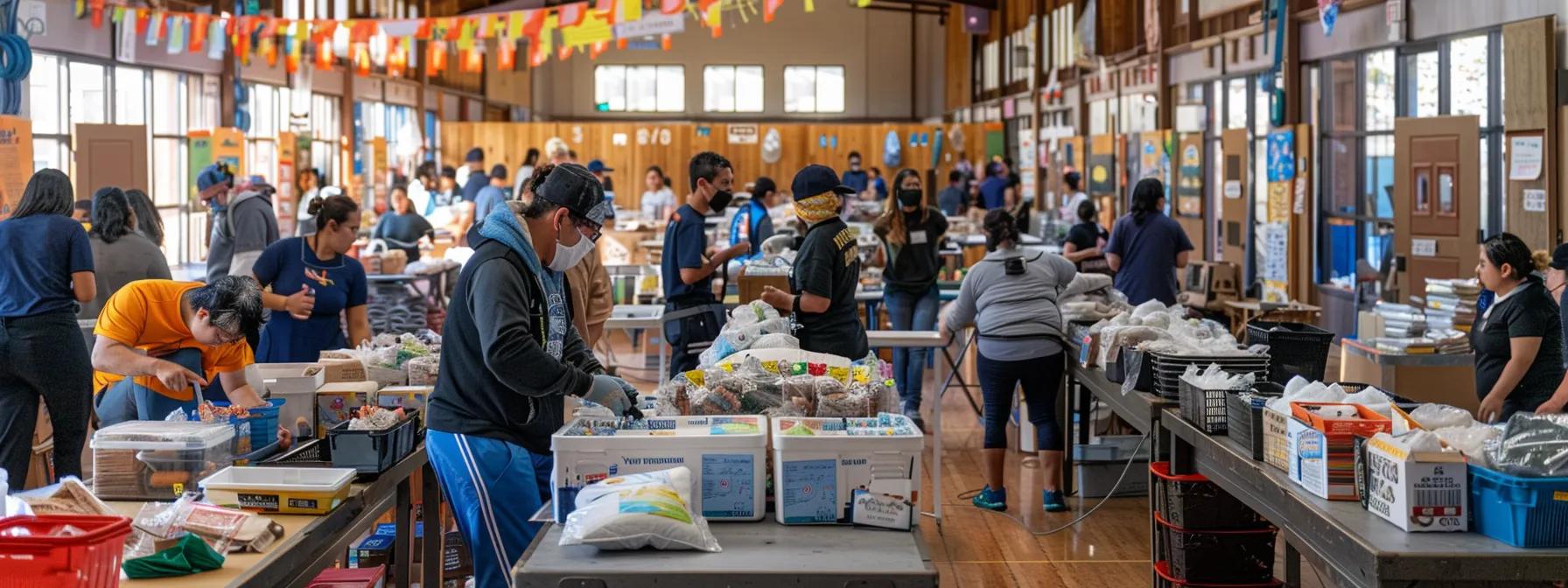 a bustling community center filled with diverse volunteers actively sorting supplies and engaging with earthquake survivors, showcasing a vibrant atmosphere of collaboration and resilience amidst recovery efforts.