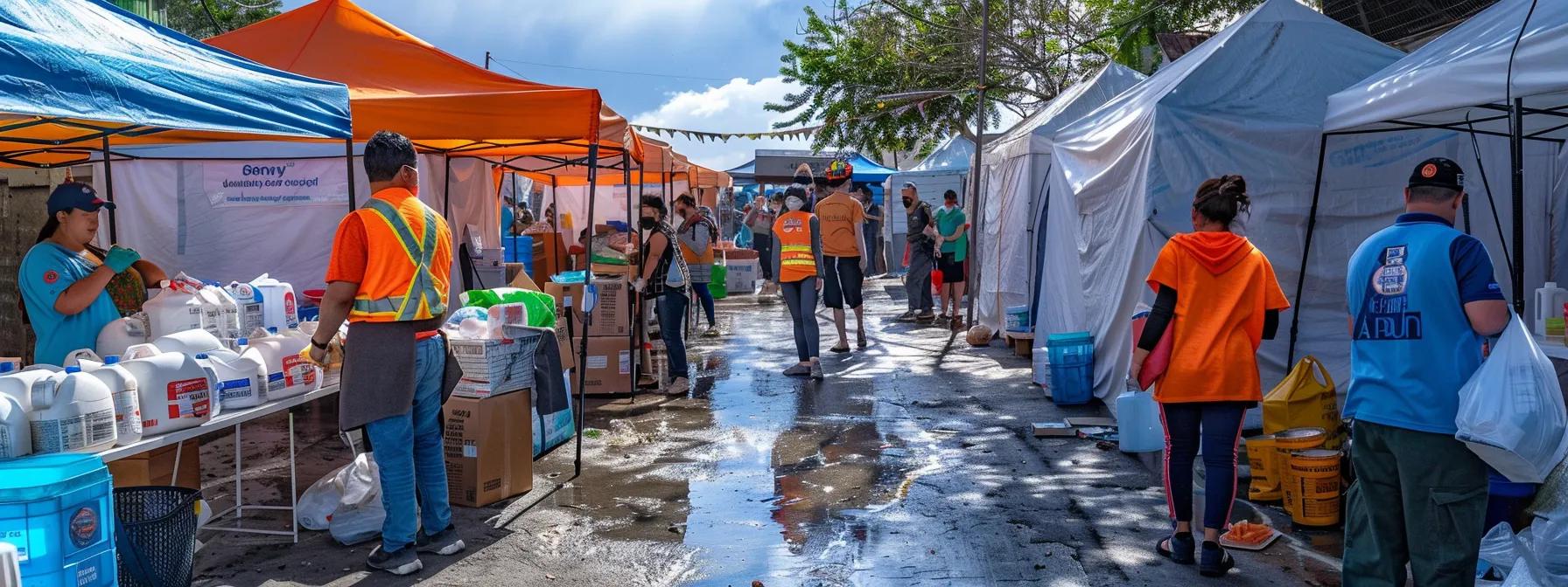 a bustling emergency relief center in an urban setting, featuring volunteers distributing food and clean water to earthquake survivors, with makeshift tents and medical tents in the background, highlighting the urgency and compassion of humanitarian efforts.