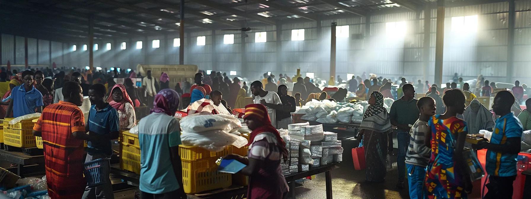 a bustling urban distribution center filled with earthquake survivors receiving financial aid through mobile banking platforms, with representatives from ngos and government agencies assisting, all under bright, fluorescent lighting that highlights the urgency and efficiency of the aid process.