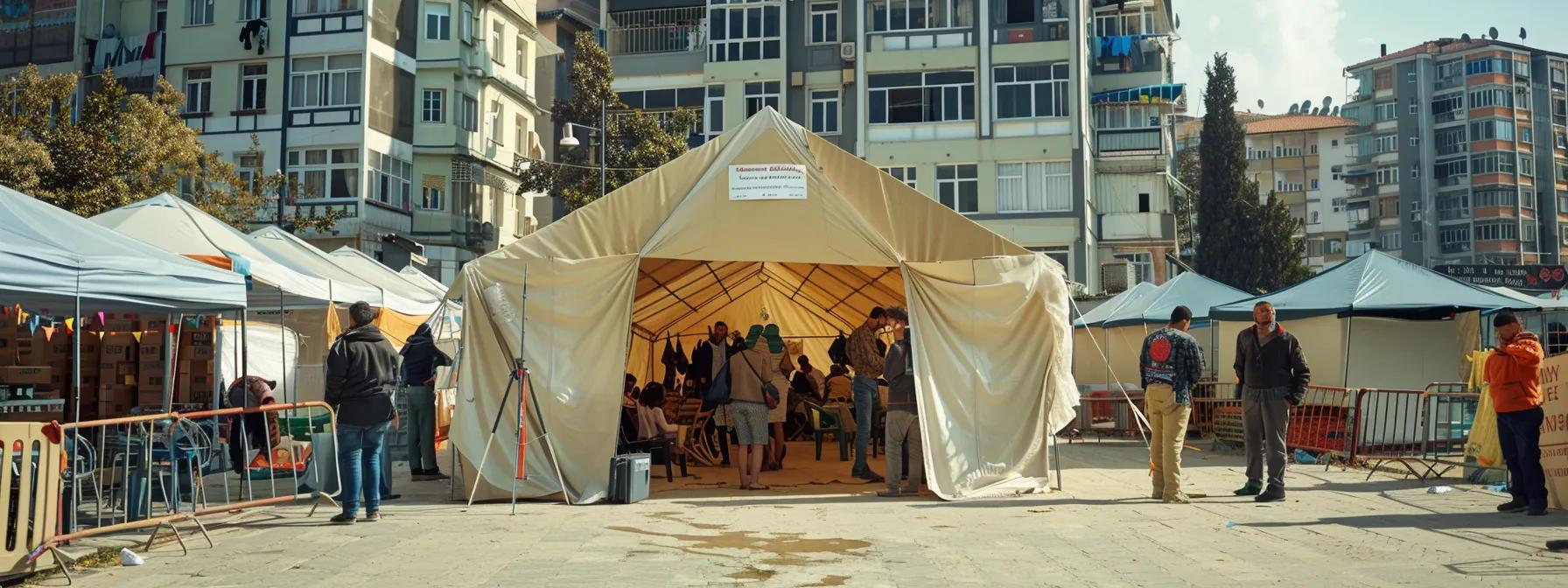 a compassionate volunteer organization sets up a resource center in a bustling urban area of turkey, surrounded by makeshift shelters, where community members gather to receive vital support for earthquake recovery.