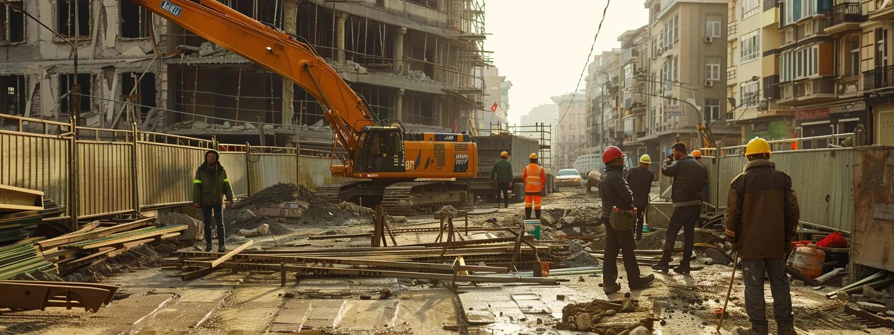 a construction site in an urban turkish setting showcases workers in hard hats efficiently assessing rebuilding plans and materials against a backdrop of earthquake-damaged buildings, highlighting the urgent need for compliance with updated safety regulations.