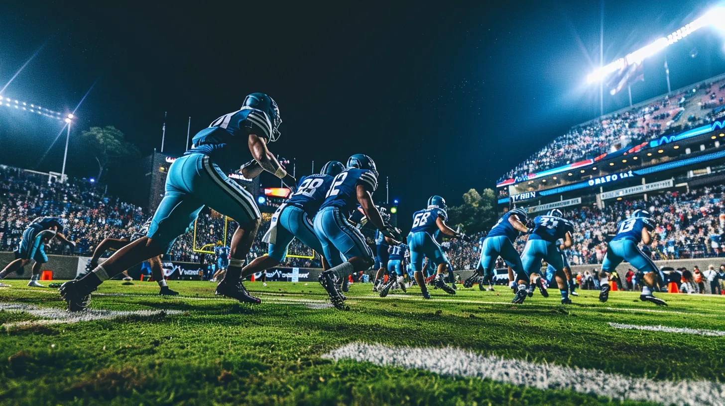a dynamic football field scene captures leading players from north carolina executing tactical plays, showcasing their technical proficiency and aggressive strategies under bright stadium lights, with an engaged crowd in the background.