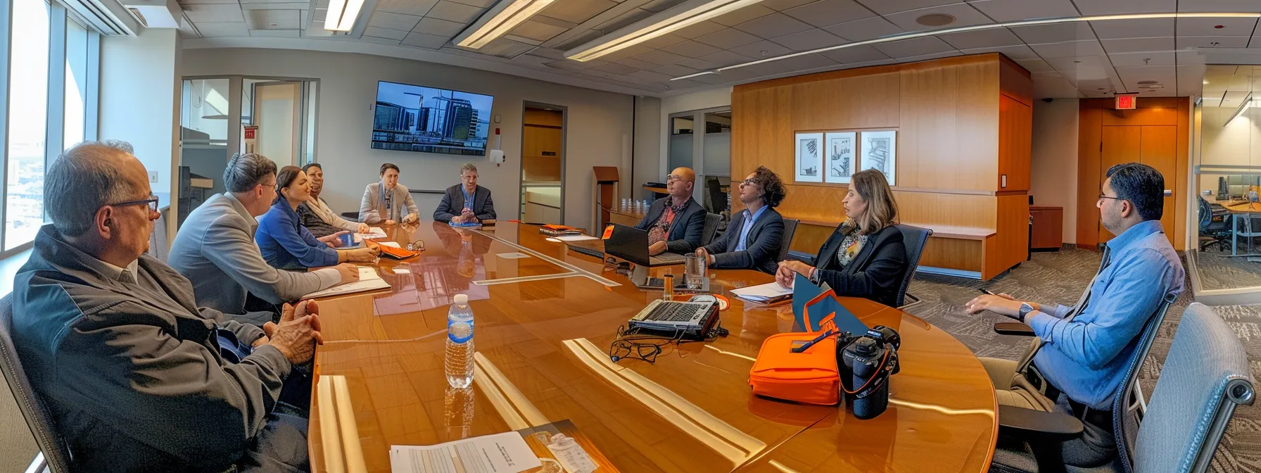 a dynamic, modern office space featuring a diverse group of professionals engaged in a vibrant discussion around a sleek conference table, highlighting the themes of mentorship and ongoing professional development.