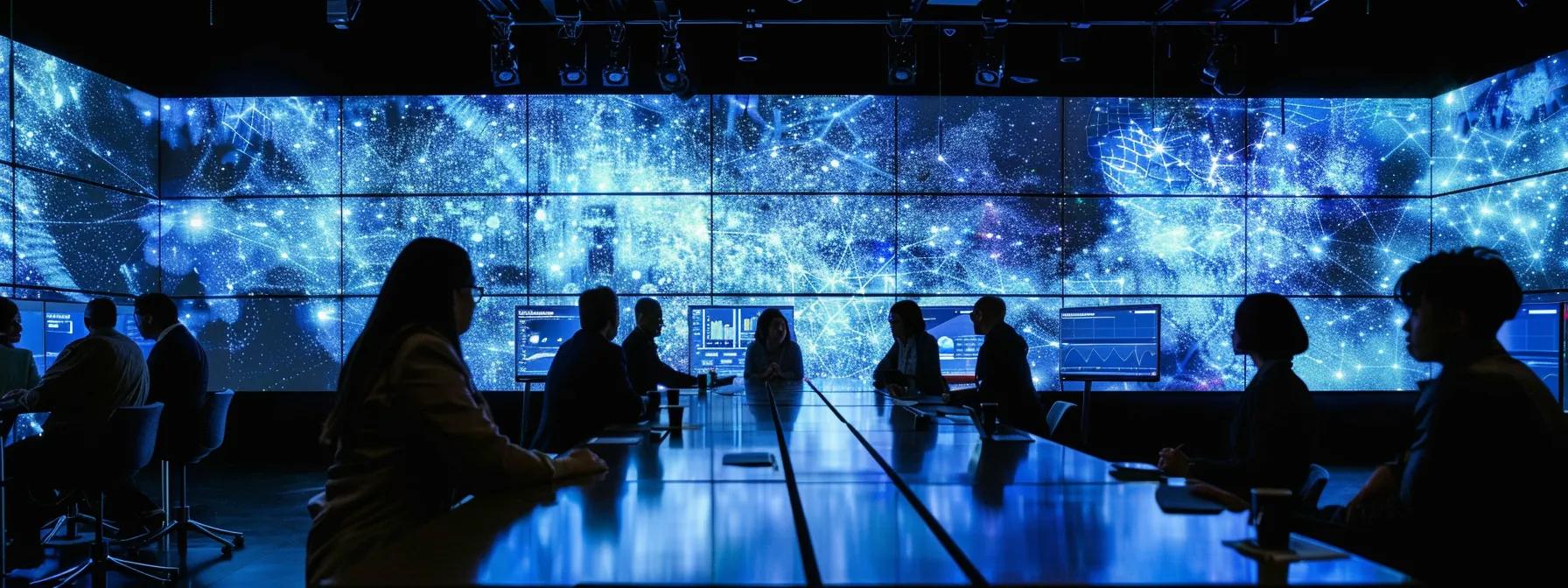 a dynamic office brainstorming session where a diverse team collaborates around a sleek conference table, with digital analytics displayed on large screens, highlighting the seamless fusion of data-driven insights and creative brainstorming.