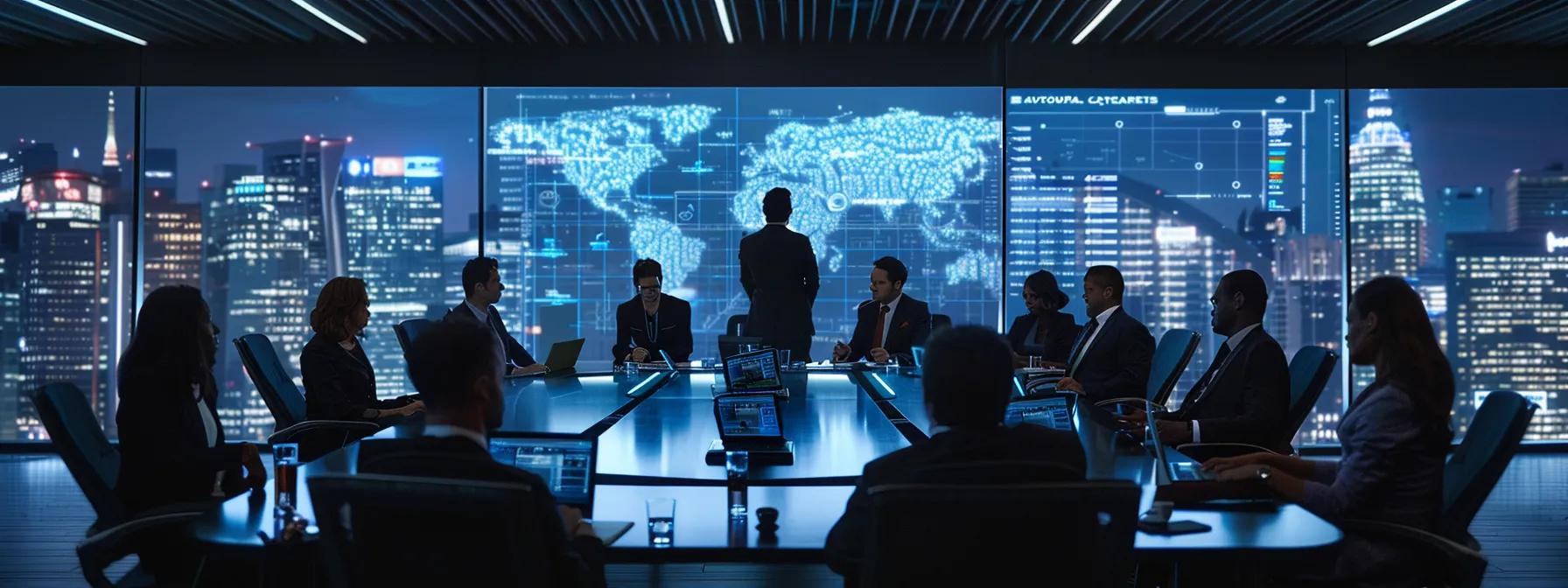 a dynamic urban office setting showcases a diverse team of financial experts engaged in a strategic brainstorming session around a sleek conference table, with digital screens displaying graphs and charts related to post-earthquake restoration financing options.