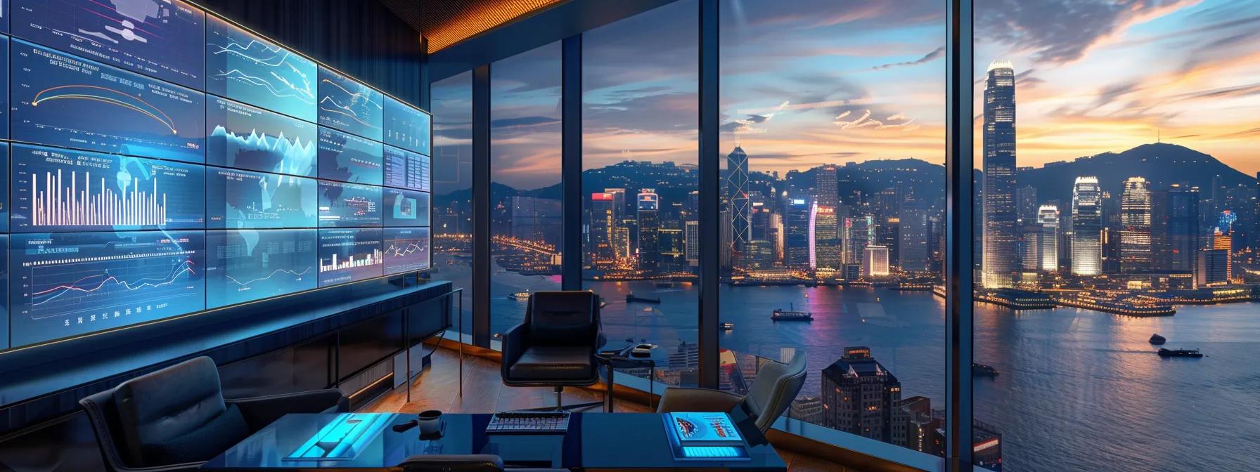a high-tech office setting features a dynamic digital dashboard displaying predictive models and charts analyzing future reconstruction costs post-earthquake, with sleek modern furnishings and a glass wall showcasing a bustling city skyline in the background.