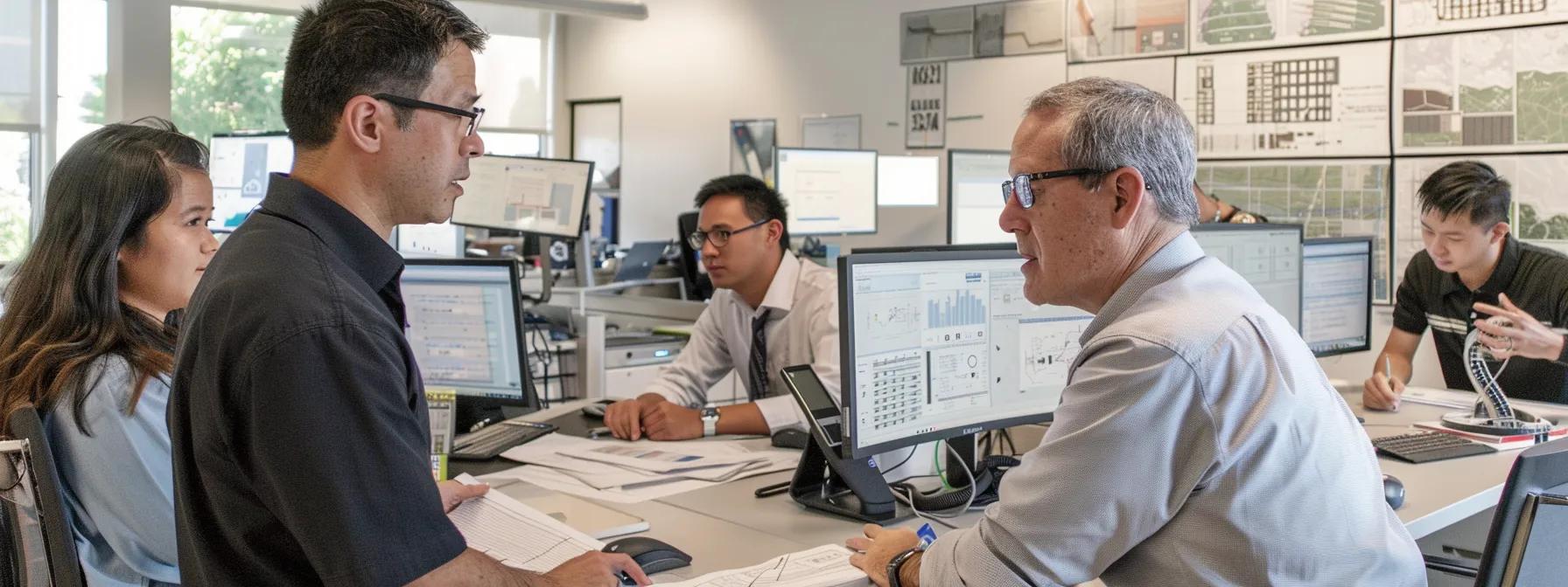 a modern office setting showcases a diverse team of professionals collaborating over blueprints and digital screens, intensely discussing intricate building codes and regulations for earthquake resilience in reconstruction projects.