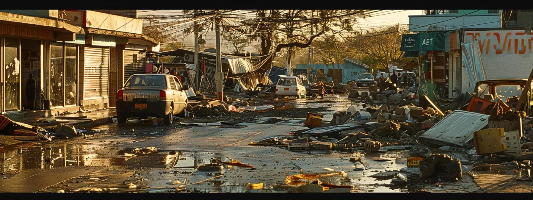a stark urban landscape shows a recently damaged building, with boarded windows and scattered debris, highlighting the economic aftermath of an earthquake as community members gather to discuss recovery plans amidst a backdrop of temporary shelters and visible signs of decline.