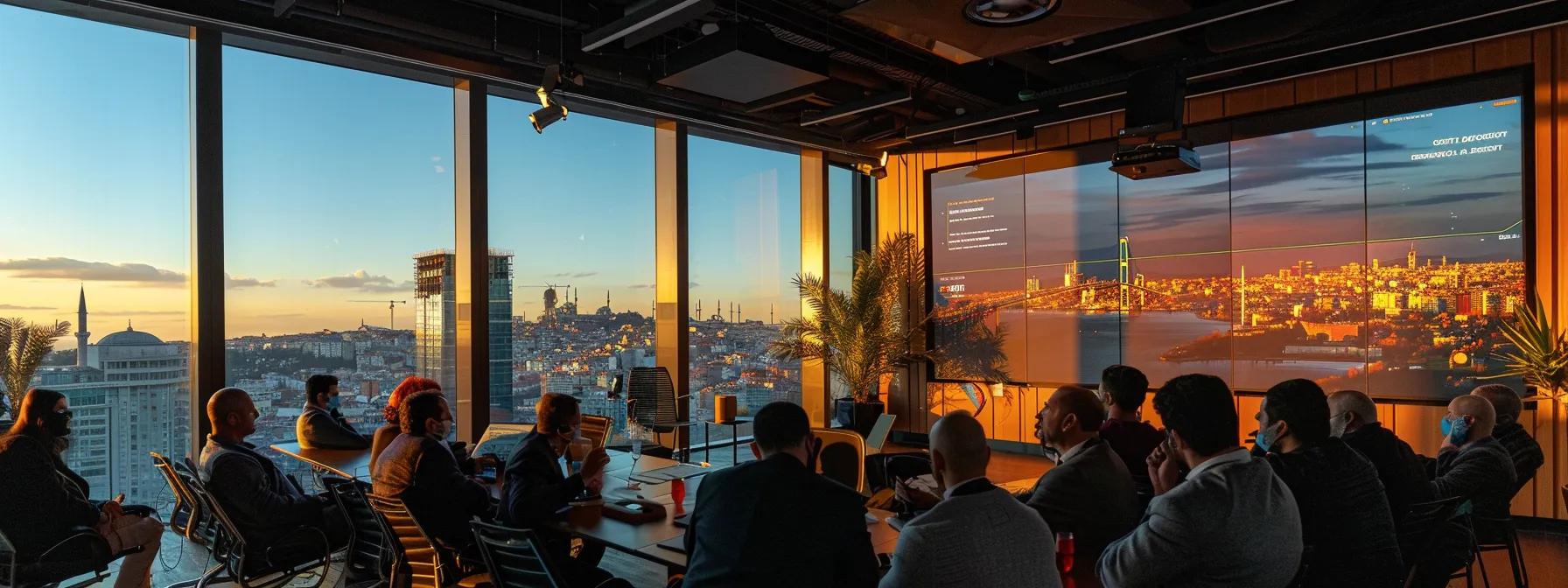 a tense urban office meeting room features a large digital screen displaying a detailed infographic of rebuilding cost variations, as concerned community leaders engage in a serious discussion following a recent earthquake in turkey.