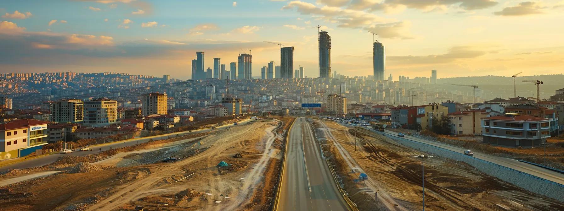 a vibrant urban landscape of turkey showcases contrasting building sites, where modern skyscrapers highlight lower rebuilding expenses against a backdrop of rural areas struggling with construction challenges, embodying the regional disparities in infrastructure and economic conditions.