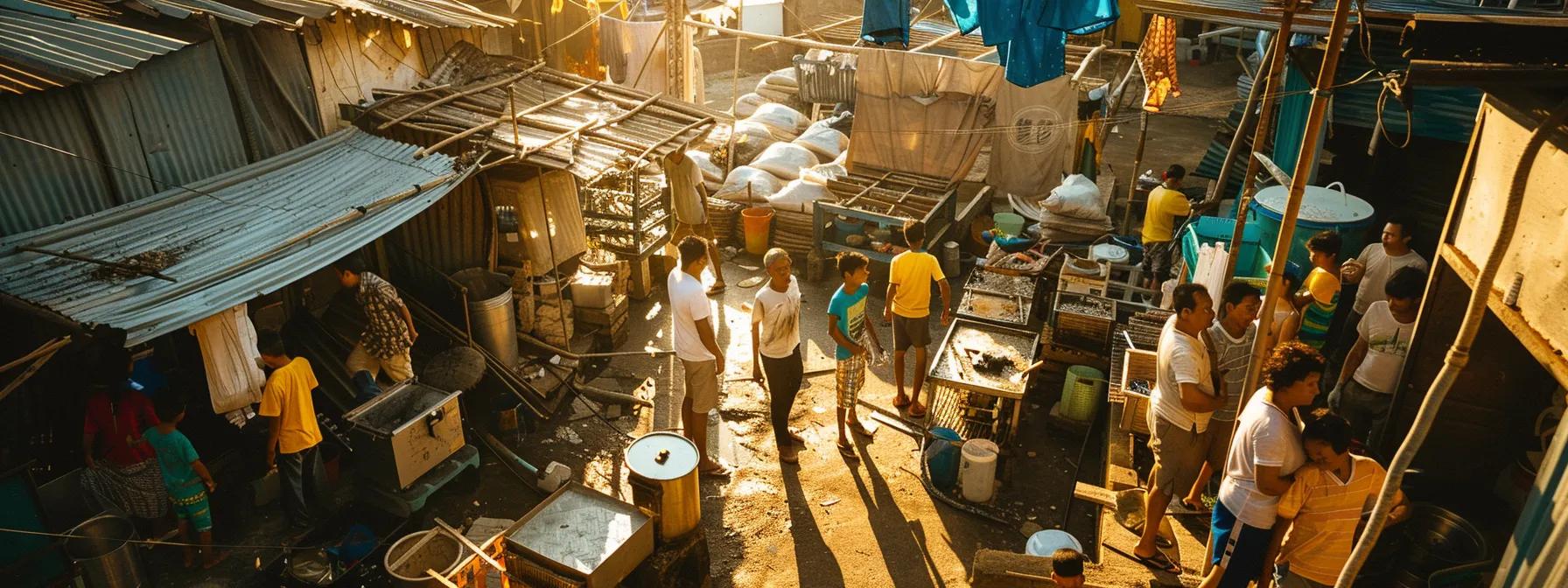 a vibrant urban setting showcases resilient earthquake survivors engaging in community support programs, with restored housing structures and vocational training sessions symbolizing hope and recovery amidst a backdrop of bustling city life.
