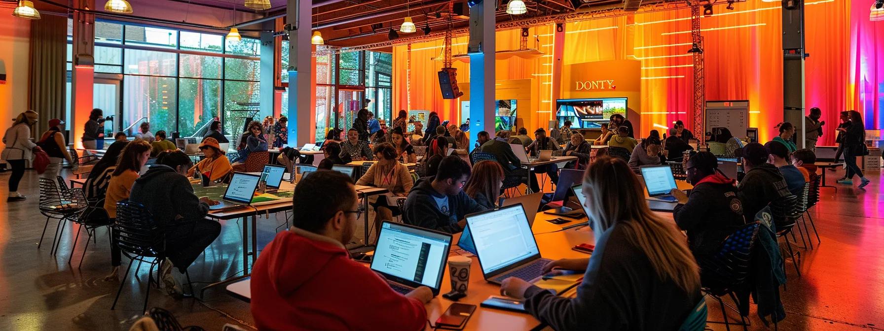 a vibrant urban workspace filled with focused individuals reviewing resources on laptops and tablets, showcasing the importance of accessible information for survivors and supporters in a community rebuilding effort.