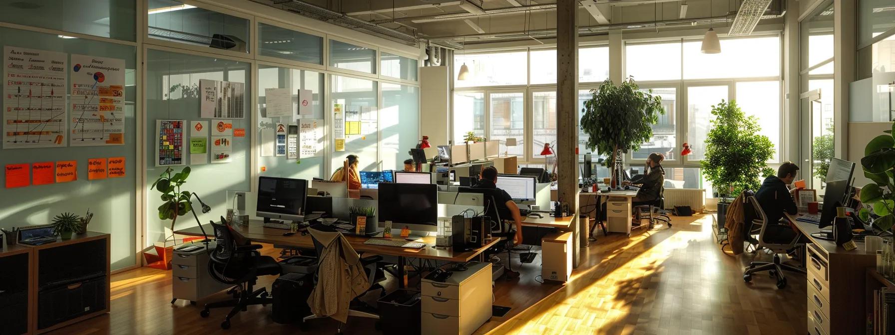 un entorno de oficina moderno y luminoso, donde un grupo de desarrolladores trabaja en sus computadoras, analizando líneas de código en pantallas, con gráficos de arquitectura de software y diagramas de flujo visibles en paredes para ilustrar la refactorización y mejorar la legibilidad del código.