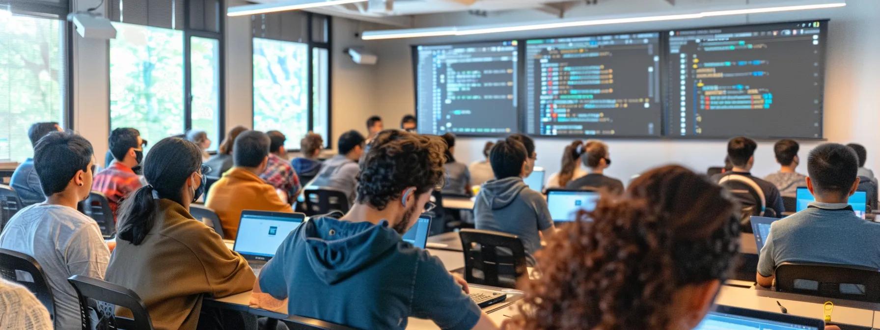 un aula moderna y bien iluminada donde un grupo diverso de programadores se concentra en pantallas mostrando ejemplos prácticos de python, inmersos en discusiones sobre proyectos de desarrollo de apis y análisis de datos.