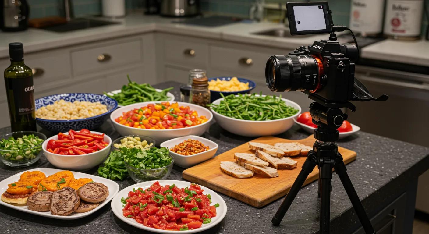 an inviting, well-lit kitchen scene showcases a vibrant array of colorful dishes and ingredients, with a sleek camera setup capturing the preparation process, emphasizing the art of storytelling in food vlogging.