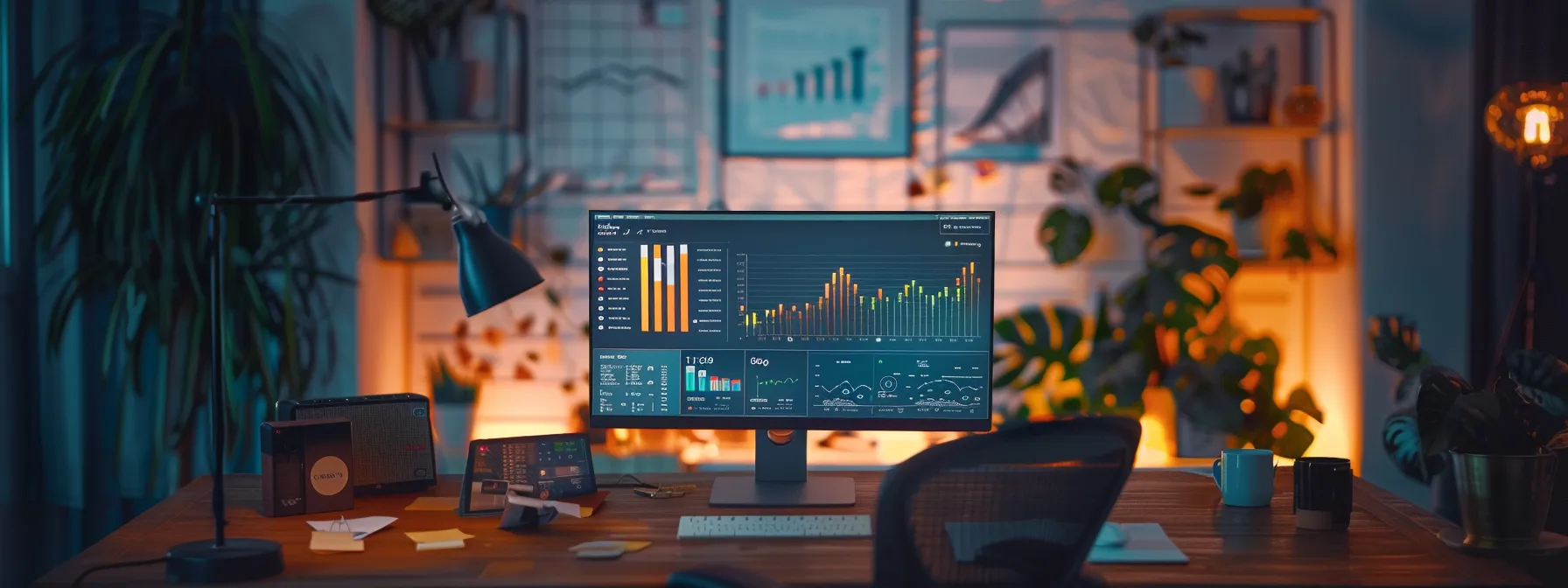 a dynamic scene captures a modern workspace illuminated by soft natural light, with a computer screen displaying vivid graphs and seo analytics, symbolizing the importance of staying informed about evolving backlink strategies.