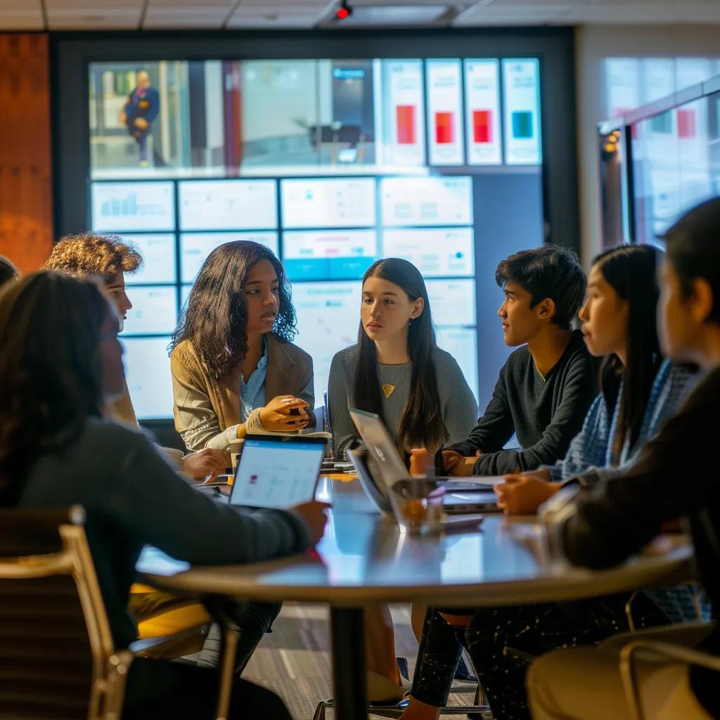 a focused academic setting featuring a diverse group of engaged students around a sleek conference table, deeply analyzing a vibrant case study displayed on a digital screen, with contemporary furnishings and soft, ambient lighting creating an inspiring atmosphere for collaboration.