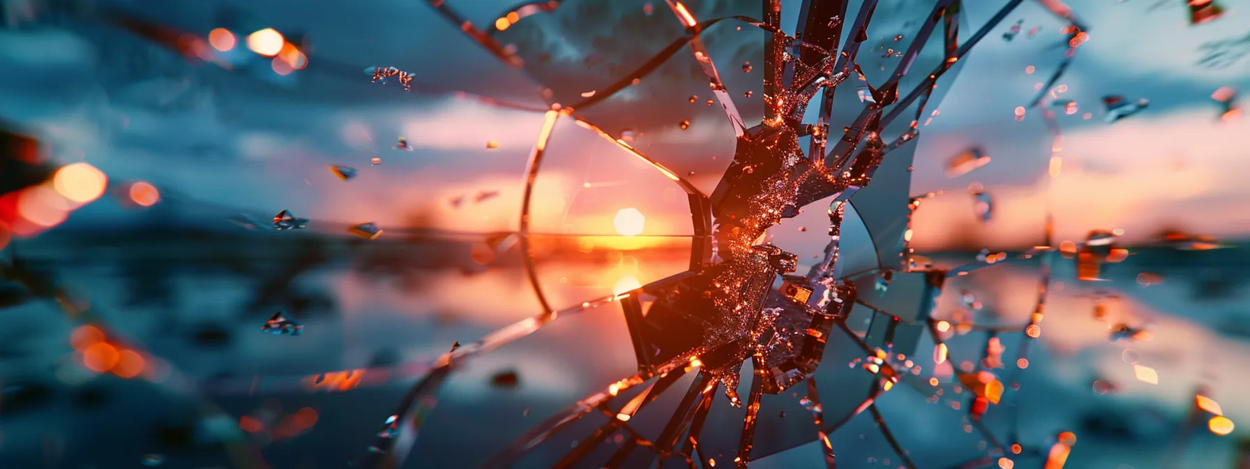 a focused close-up of a fractured digital landscape, symbolizing the chaos of toxic backlinks disrupting the harmony of a website's seo performance under an ominous, shadowy sky.