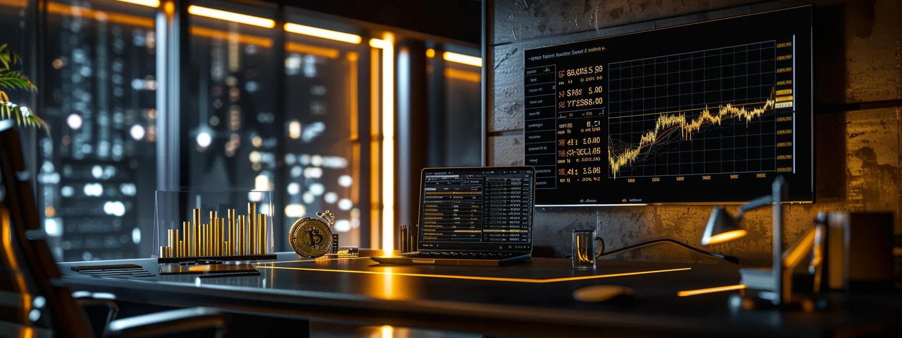 a high-contrast image of a sleek modern office workspace, featuring an elegant desk with a digital chart displaying fluctuating gold and cryptocurrency values on a large screen, illuminated by soft artificial lighting to enhance the futuristic atmosphere.