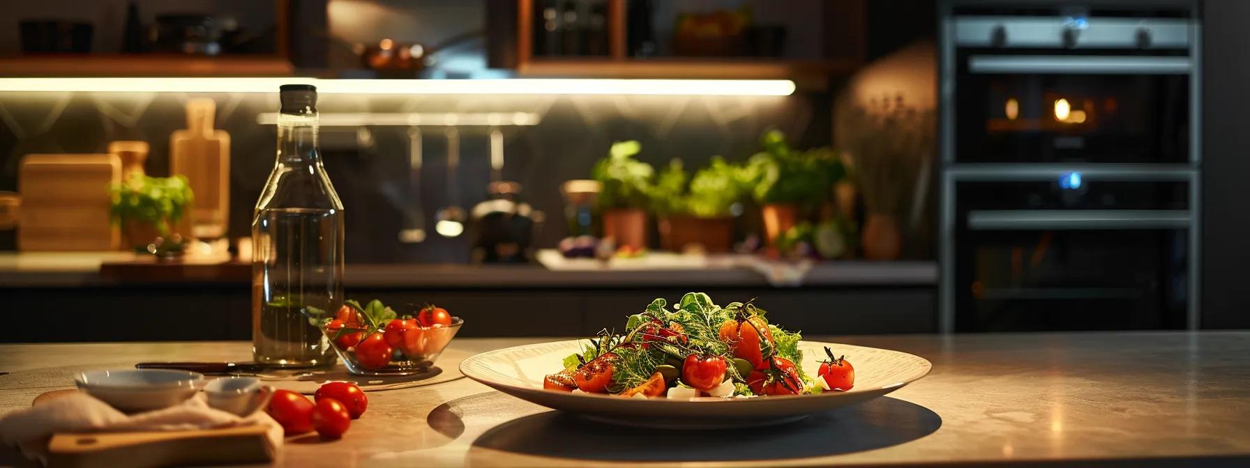 a modern, well-lit kitchen setting showcases a vibrant food vlog production, featuring a dynamic camera setup focused on an elegantly plated dish, capturing the essence of technological innovation and cultural authenticity in food presentation.