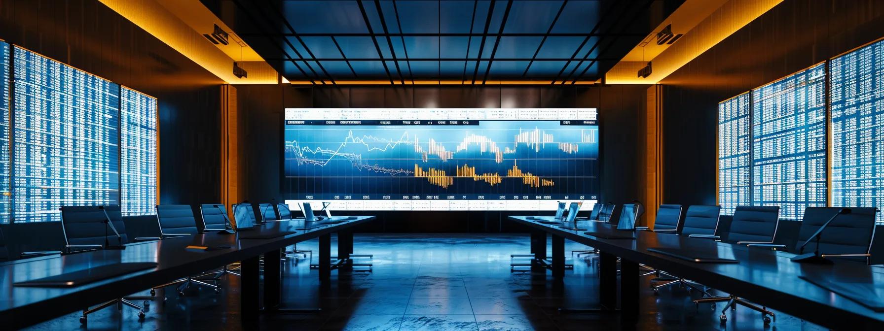 a sleek, modern conference room filled with large screens displaying dynamic graphs and trends of gold and cryptocurrency prices, illuminated by sharp overhead lighting, emphasising a professional atmosphere of analytical discussion.