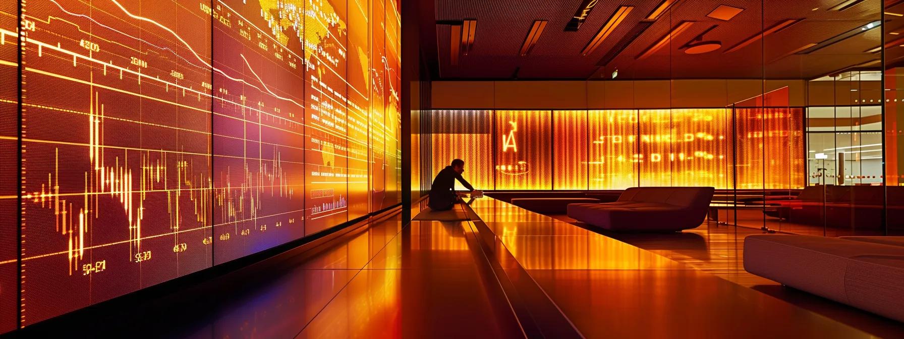 a sleek, modern office setting featuring a large digital screen displaying fluctuating graphs of gold and cryptocurrency values, with an analyst intently observing the data in a dimly lit room illuminated by vibrant led lights.