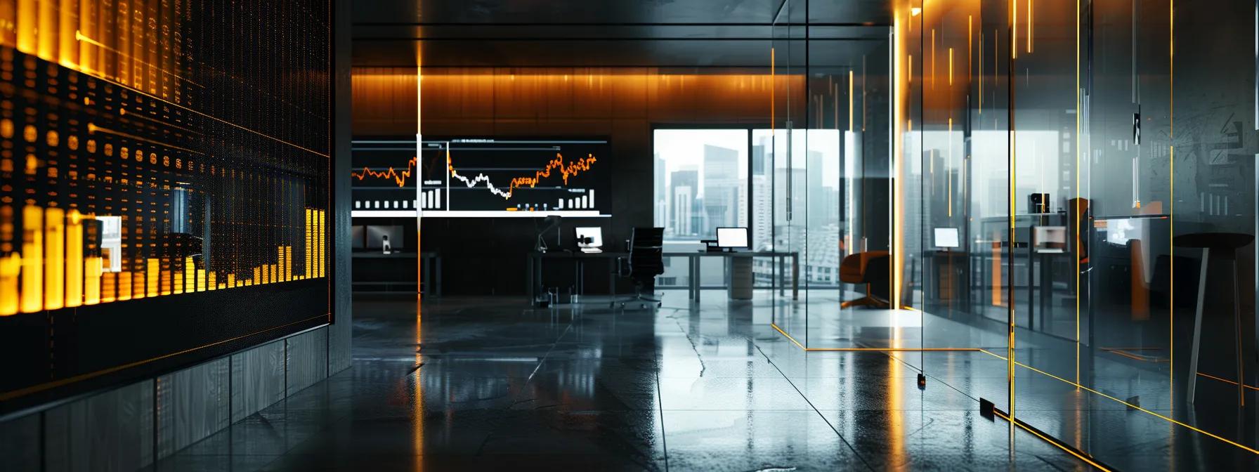 a sleek, modern office with a digital screen displaying a dynamic comparison of gold and cryptocurrency trends, illuminated by cool artificial lighting that highlights the contrasting values.