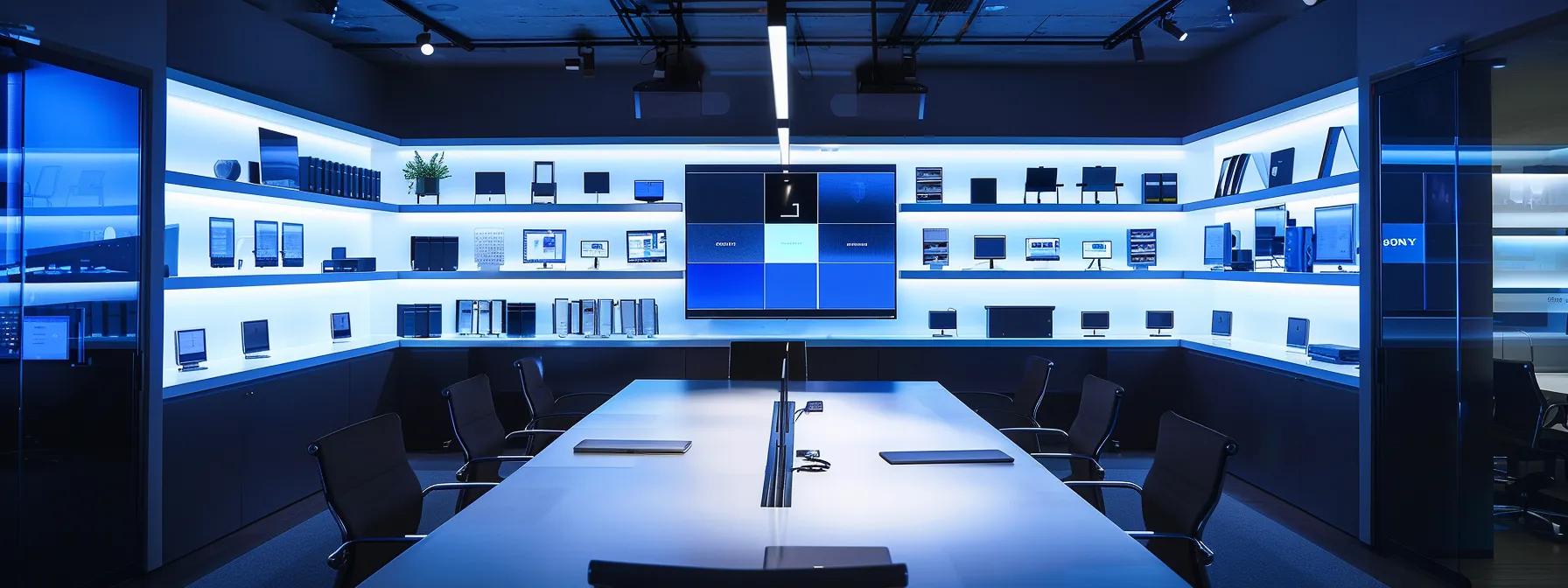 a sleek modern office with a polished conference table, displaying an array of high-tech storage solutions and security devices, under dynamic artificial lighting that highlights their innovative design.