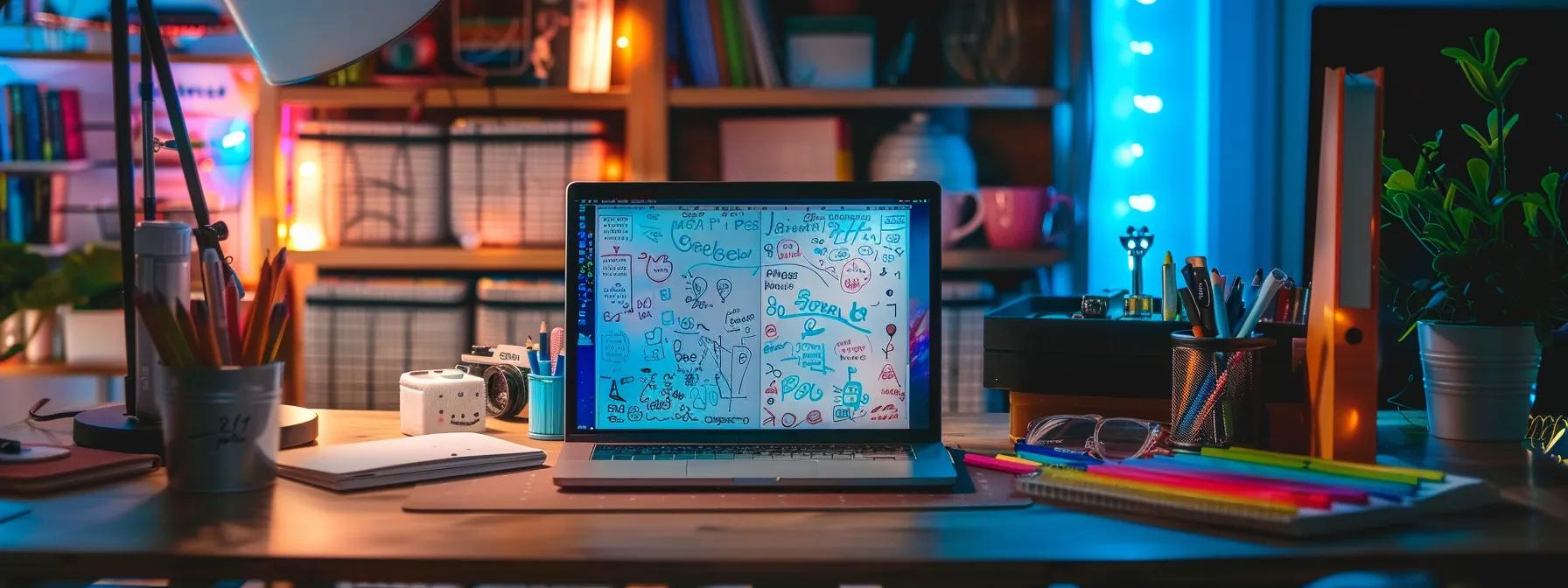 a vibrant and well-organized bullet journal spread prominently displays intricate doodles and notes, accompanied by an array of colorful gel pens atop a sleek, modern desk illuminated by soft, focused lighting for a cozy creative atmosphere.