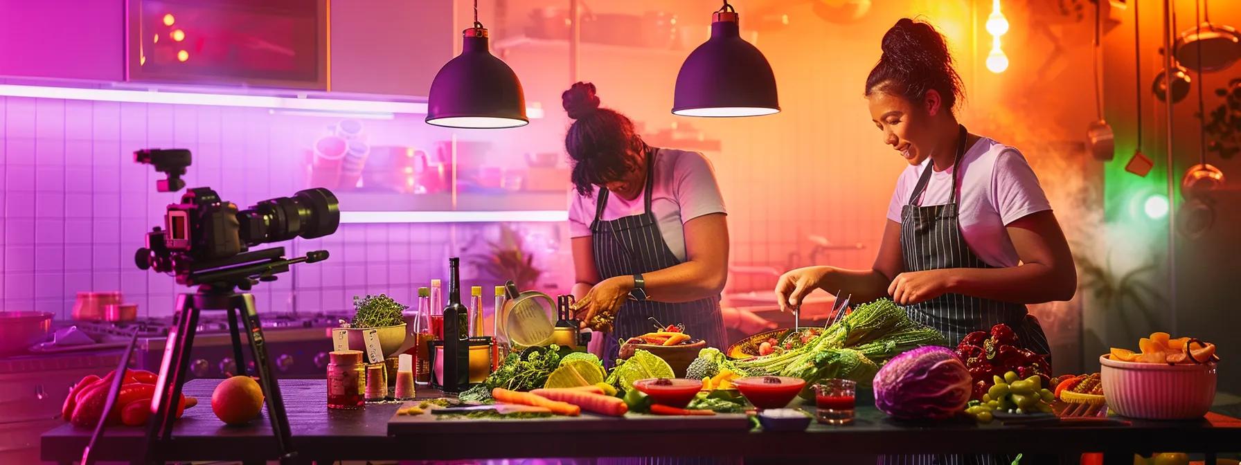a vibrant food vlogging studio adorned with colorful culinary creations, featuring two enthusiastic vloggers collaborating over a stylish table filled with gourmet dishes and modern kitchen equipment, illuminated by soft, focused lighting that enhances the rich textures and colors of the food.