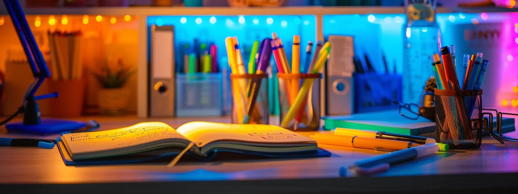 a vibrant, organized bullet journaling workspace illuminated by warm, soft lighting showcases various gel pens in stylish holders alongside an open journal filled with colorful, creatively arranged entries.