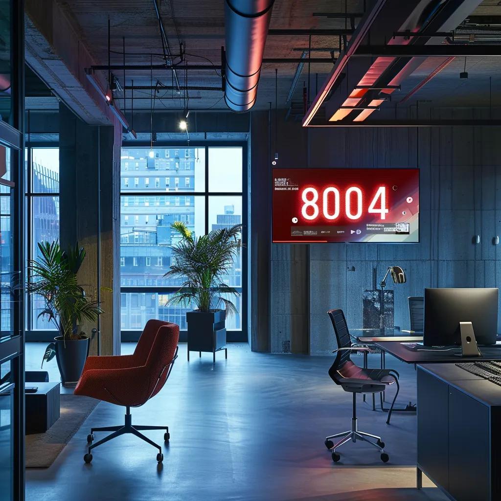 a visually striking urban office space displays a large, illuminated computer screen showing a vivid '404 error' message, surrounded by sleek modern furniture and technology.