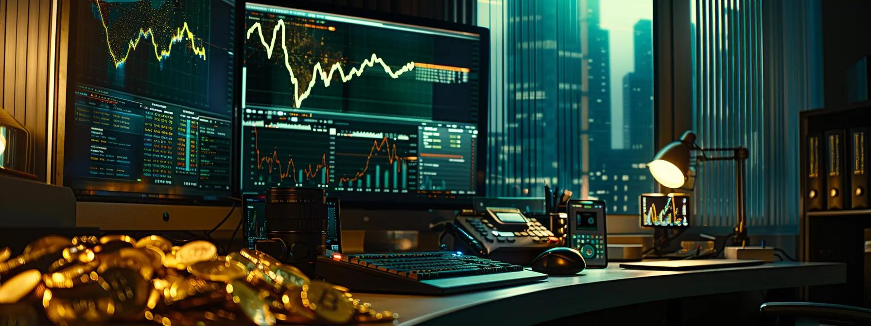 an insightful, modern office environment featuring a sleek desk adorned with gold and cryptocurrency market charts, a shiny gold bar, and digital devices displaying real-time investment analytics, all illuminated by ambient lighting to convey a sense of financial sophistication and strategy.