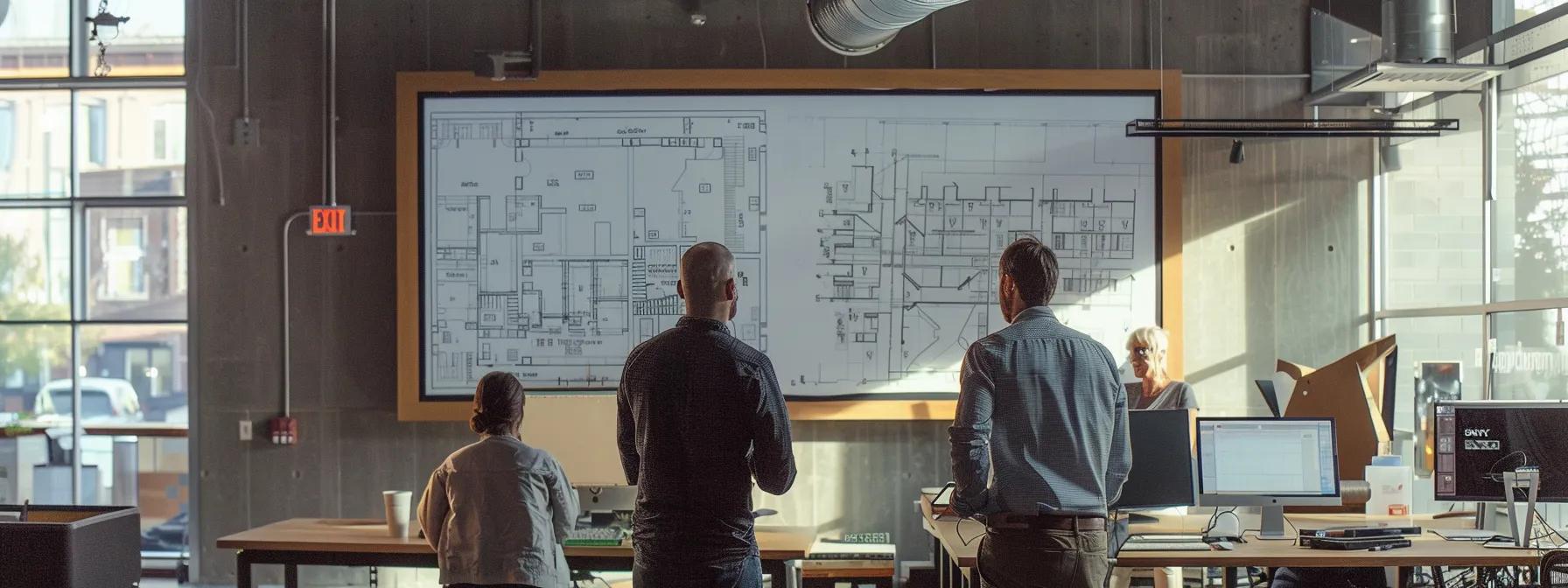 an urban office space displays a large, detailed architectural blueprint on the wall, while a professional team discusses seismic retrofitting strategies, surrounded by safety equipment and emergency preparedness materials.