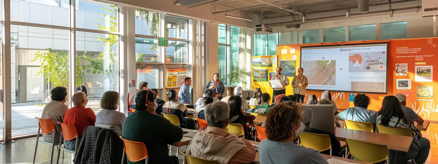a dynamic urban community meeting unfolds in a brightly lit conference room, where diverse neighbours actively engage in discussions and share resources for earthquake preparedness, surrounded by emergency kits and visual aids that illustrate risk assessments and response strategies.