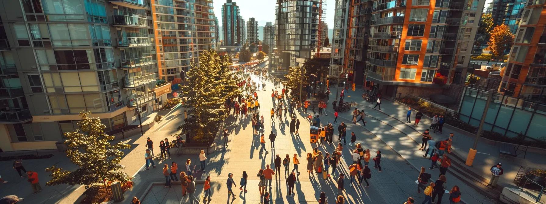 a dynamic urban scene showcases a diverse group of residents engaging in a community earthquake preparedness drill, surrounded by modern buildings designed to withstand seismic activity, emphasising the importance of collective safety and resilience.