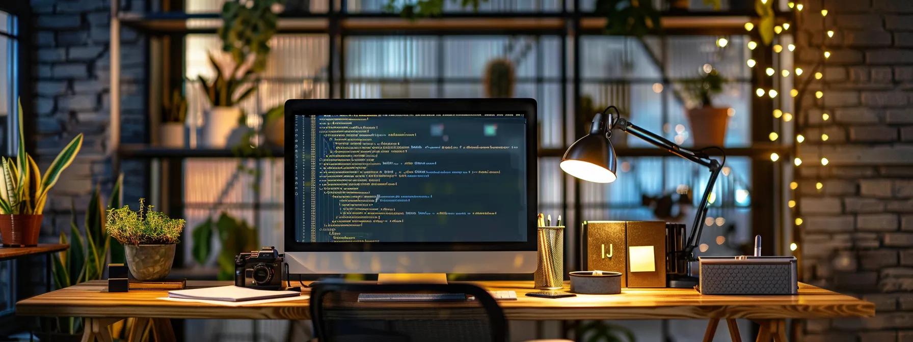 a focused and modern office workspace features a computer screen displaying lines of json-ld code alongside an open notepad filled with structured data notes, illuminated by sleek overhead lighting, emphasising a professional environment for content creators.