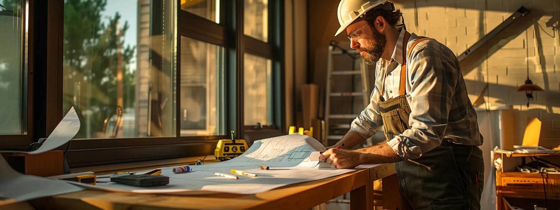 a focused engineer conducts a meticulous inspection of a home's structural components in a well-lit urban setting, showcasing detailed blueprints and tools used to assess earthquake resilience.
