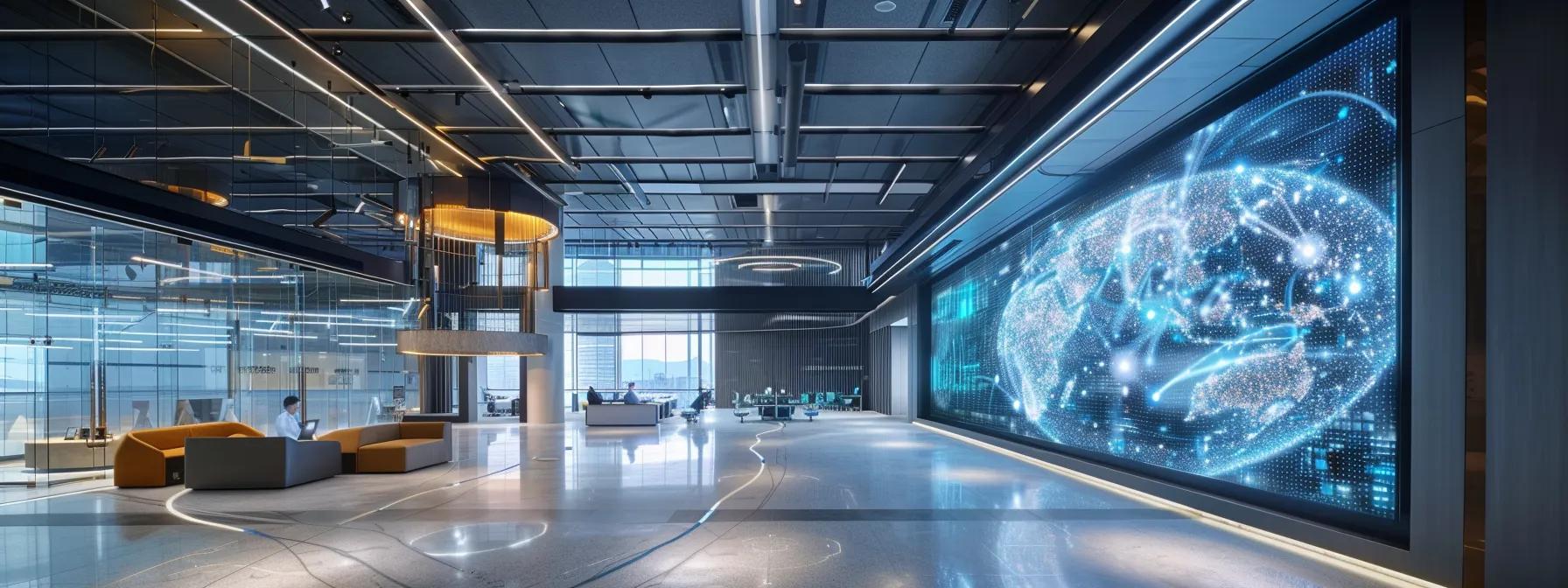 a futuristic office environment showcases a large digital display of ai-driven cybersecurity analytics, with vigilant professionals analysing complex data patterns in a sleek, modern workspace illuminated by dynamic, ambient lighting.