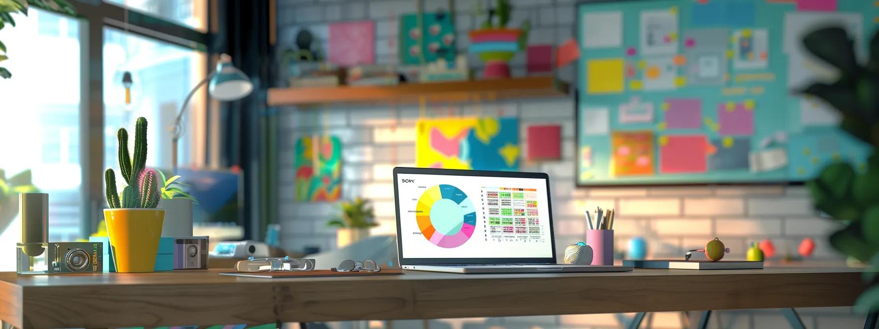 a modern, minimalist office workspace features a sleek desk with an open laptop displaying structured data markup, surrounded by vibrant infographics and digital devices, conveying the importance of structured data for enhancing online visibility.