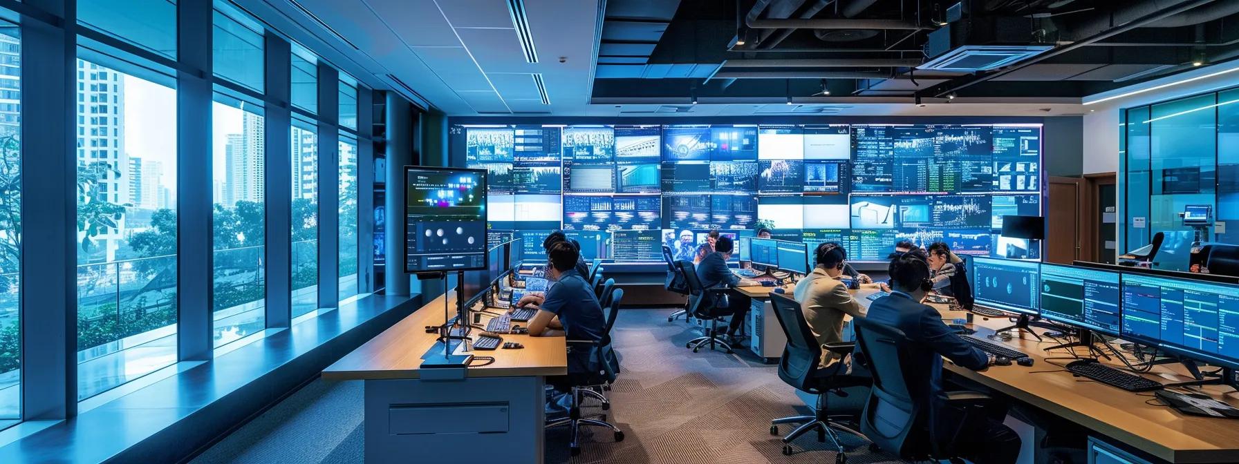a modern office filled with sleek technology displays critical security data, highlighting an engaged team collaborating over compliance strategies under bright, focused lighting.