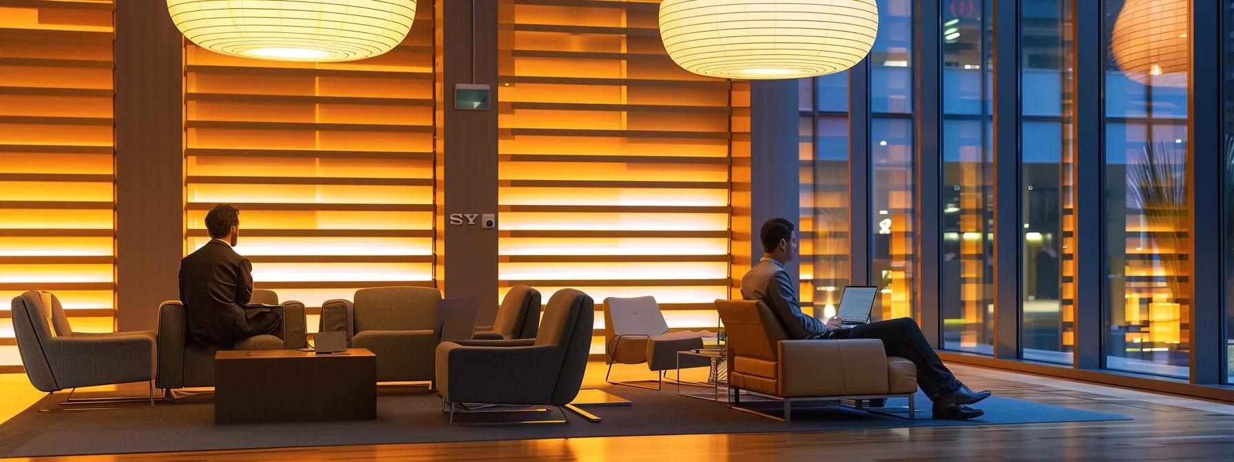 a modern office workspace features two professionals engaged in a focused discussion over a laptop screen displaying structured data analytics, illuminated by sharp, artificial lighting that highlights their expressions of determination and insight.