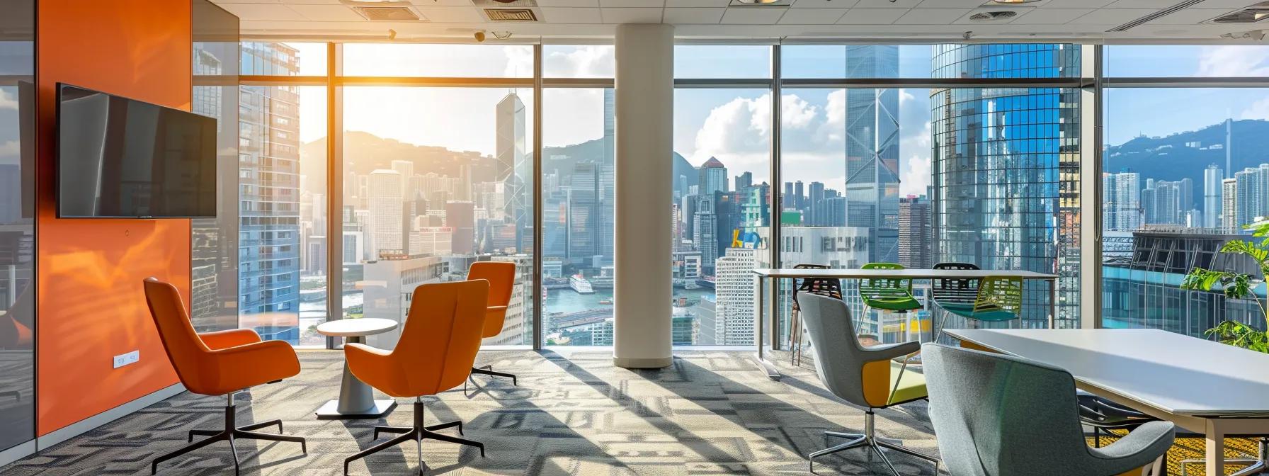 a modern, sleek office space features an expansive glass window with city skyline views, capturing the essence of innovation and collaboration.