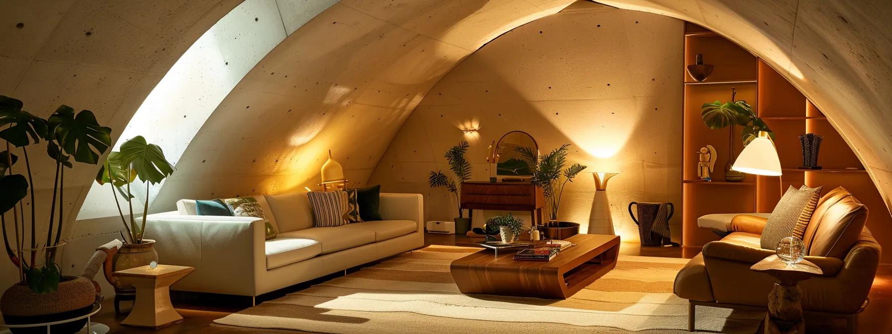 a modern, well-structured living room showcases reinforced walls and safety features, including secured heavy furniture and flexible materials, bathed in soft indoor lighting to emphasise the importance of earthquake preparedness.