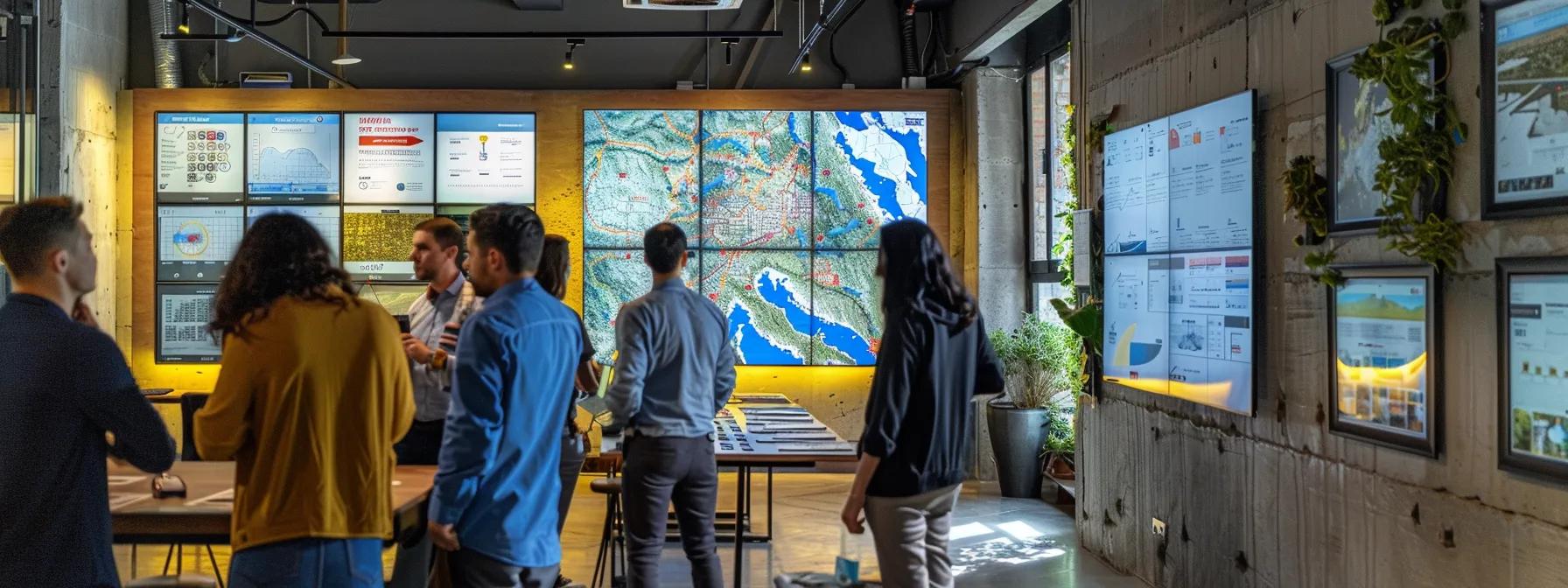 a professional urban setting displays a modern office equipped with digital earthquake preparedness resources, where a diverse group of engaged individuals collaborates around a large touchscreen map highlighting seismic zones in turkey.
