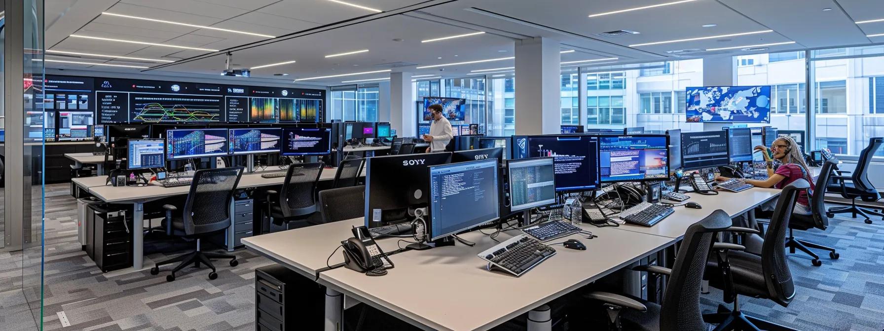 a sleek, high-tech office environment showcases multiple screens displaying real-time data analytics and visualisations of network activity, highlighting the advanced ai threat detection systems that enhance security measures.