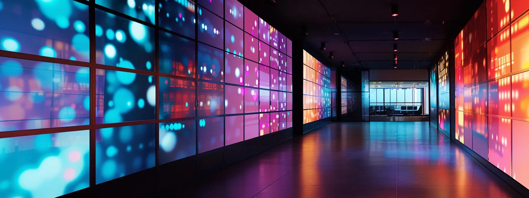 a sleek, modern office environment filled with glowing screens displaying intricate data visualisations and analytics trends, highlighting ai systems in action to enhance user behaviour security insights.